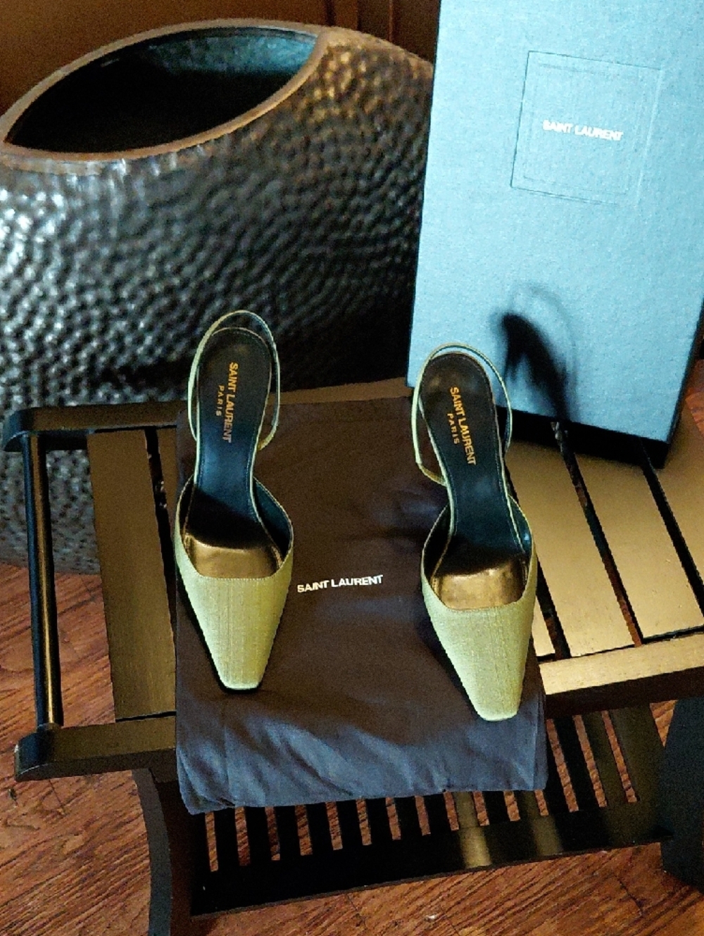 Saint Laurent Green Squared Pointed Slingback With Lavender Heeled Pumps - Picture 7 of 9